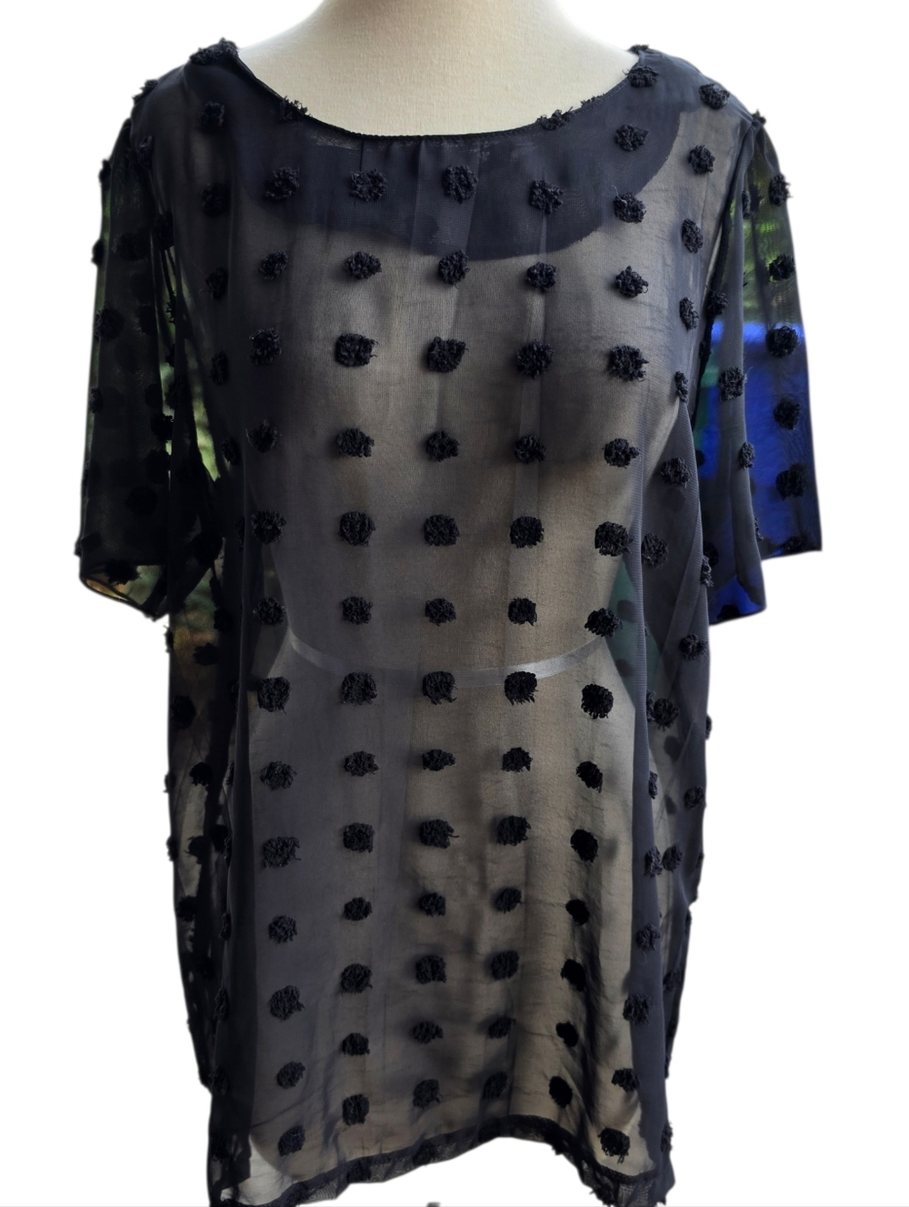 Black Sheer Polka Dot Short Sleeve Blouse Womens Size Large Whimsigoth Romantic